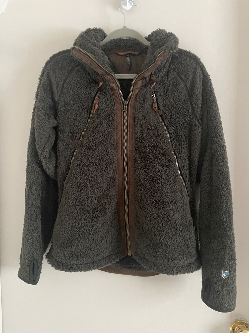 KÜHL Flight Jacket Women's Sherpa Fleece Hooded Full Zip Charcoal Brown Suede Tr